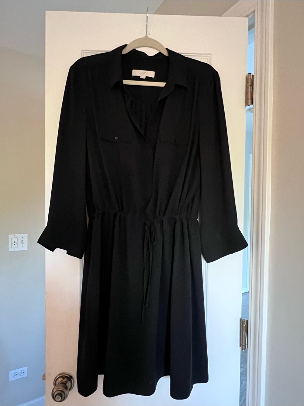 LOFT Black Long Sleeve Shirt Dress with Drawstring